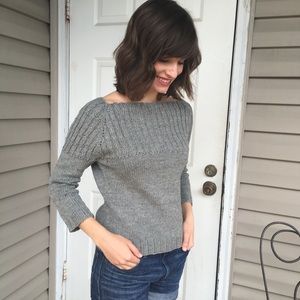 Hand knit (by me!) grey wool boatneck sweater